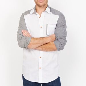 St. Lynn Troy Button Up, White & Grey, size M, organic cotton